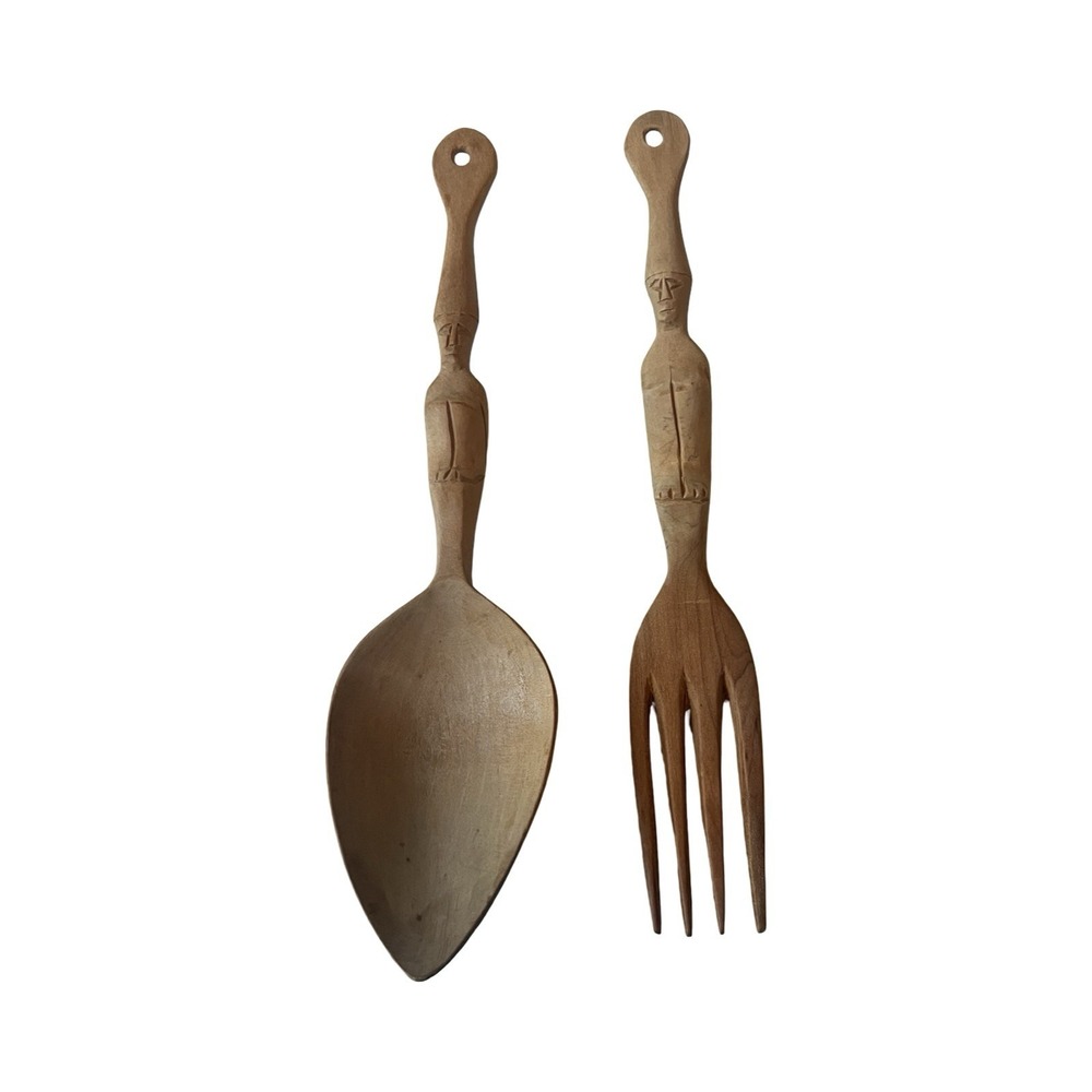 Vintage Hand Carved Wooden Tiki Totem Spoon Fork Set Folk Art‎ Decor MCM